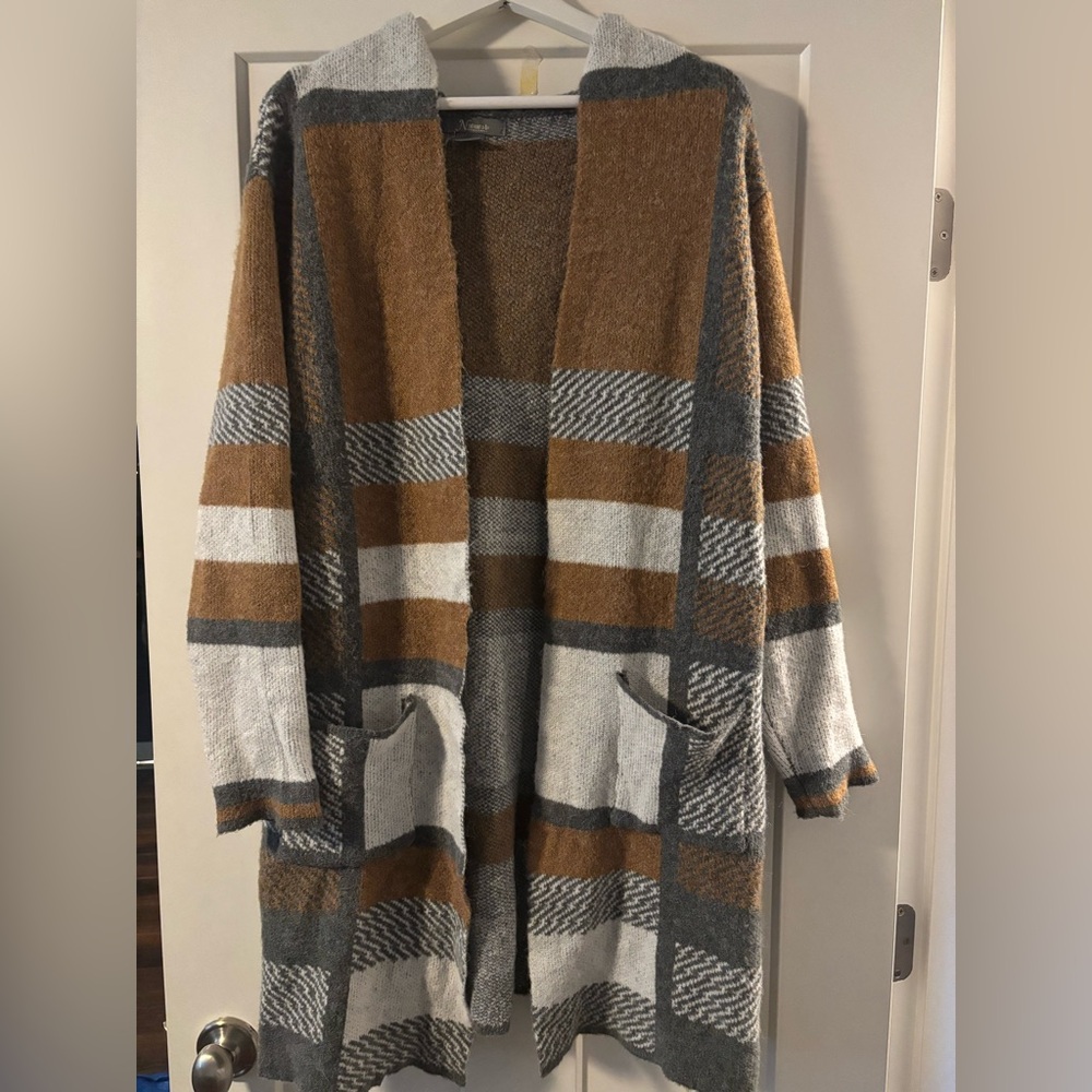 Natural Reflections Brown and Gray Plaid Hooded Cardigan